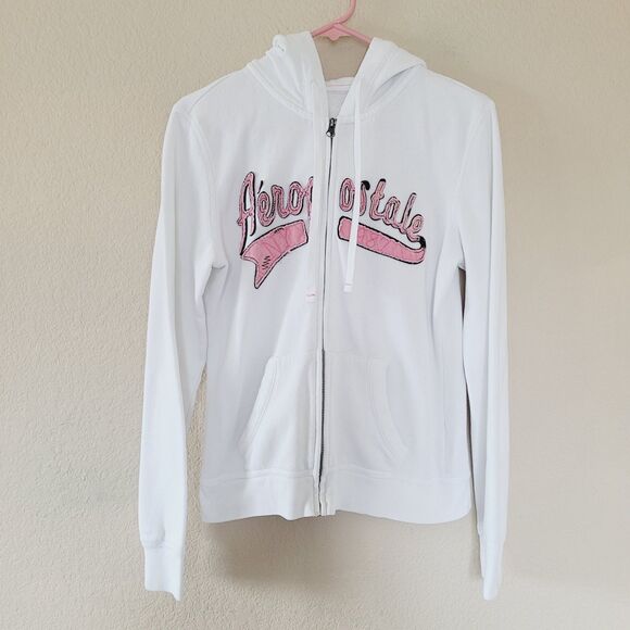 VTG Y2K Aeropostale White Full Zip Hoodie Women Large Spell Out Preppy Surf Flaw - Picture 1 of 8